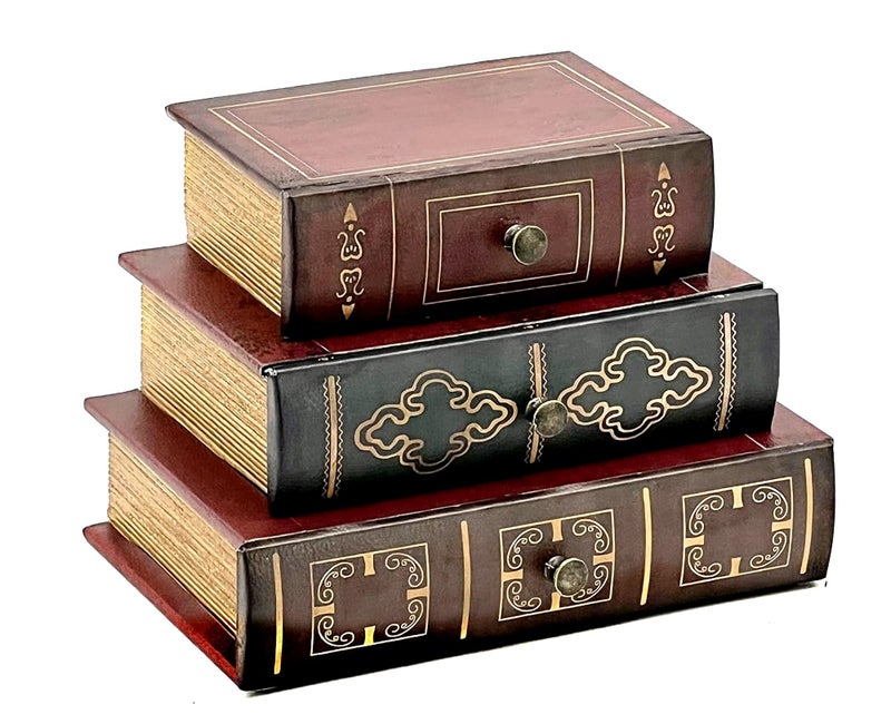 Bellaa 28076 Book Box with Drawers Hidden Storage Trinket Keepsake Decorative Bookends Vintage Antique Flux Leather Wood Organizer Retro Farmhouse Boho Home Decor - Image 1